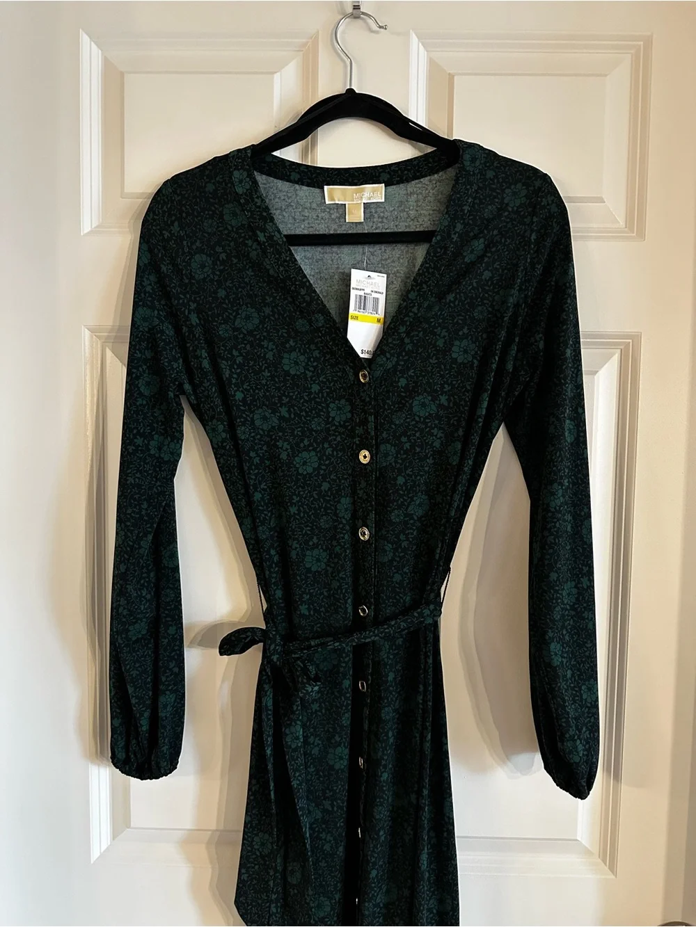 Michael Kors Dark Green Floral Button-Front Long Sleeve Dress